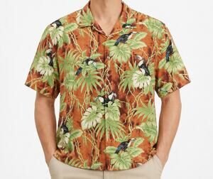 Pussers Island Reserve Shirt Men XL Orange Green Silk Hawaiian Classic Button-Up